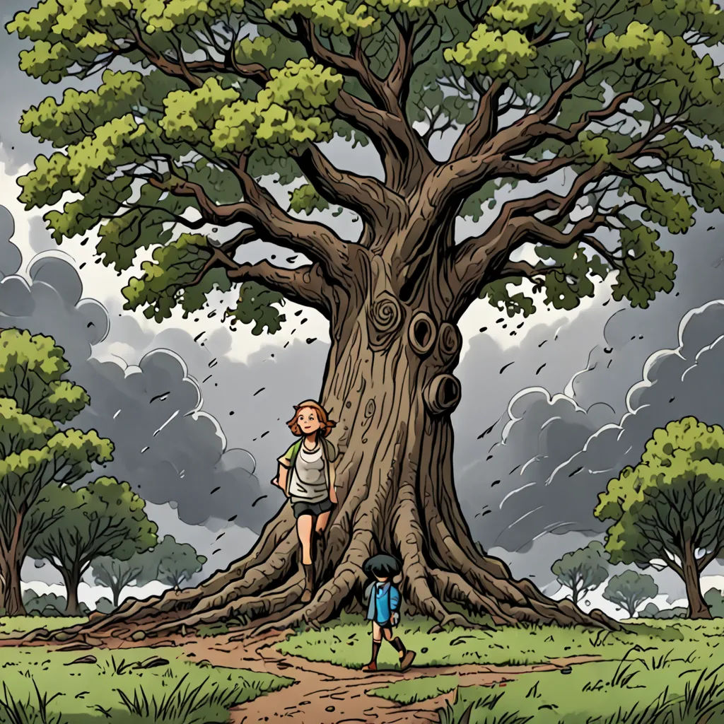 a cartoon of a woman standing next to a tree with a man standing next to it on a dirt path, environmental art, a storybook illustration, Asaf Hanuka, comic cover art