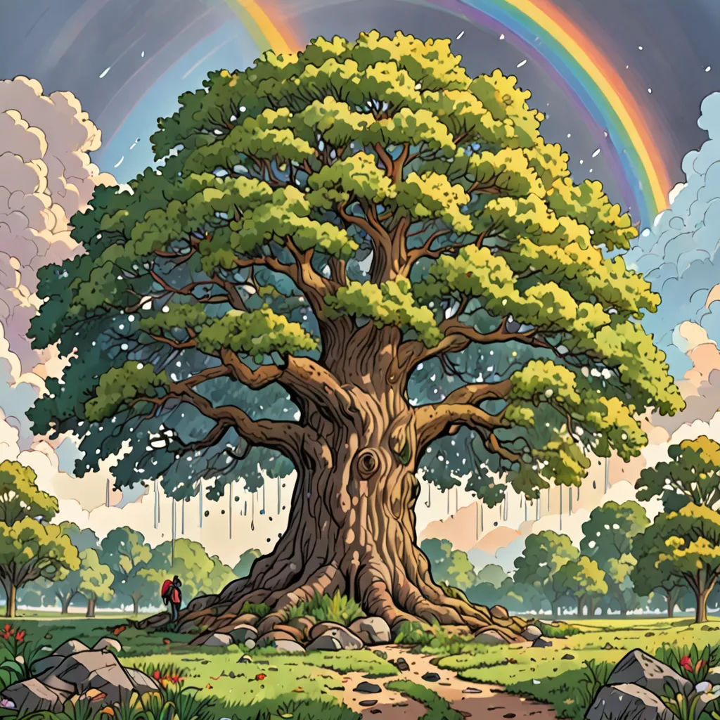 a painting of a tree with a rainbow in the background and a person standing under it on a path, environmental art, a storybook illustration, Chris LaBrooy, official art