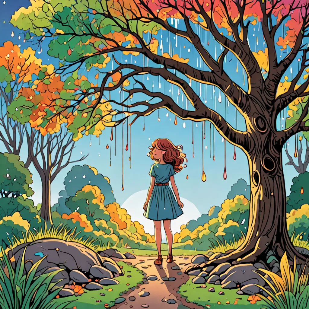 a girl standing under a tree in the rain with an umbrella over her head and a trail leading to a forest, fantasy art, a storybook illustration, Bob Ringwood, storybook illustration