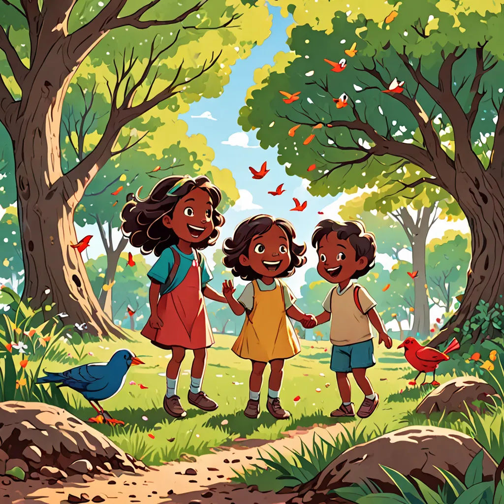 three children are walking through a forest with birds and trees in the background, and a bird is flying overhead, serial art, a storybook illustration, Ella Guru, comic cover art