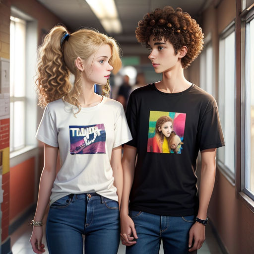 a couple of people standing next to each other near a window with a poster on it's back