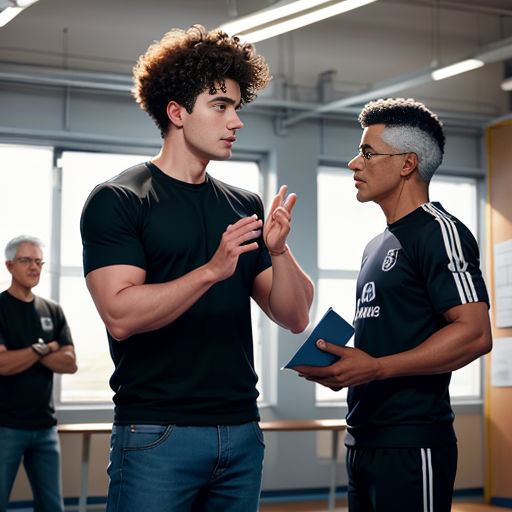 two men standing in a room talking to each other with a book in their hands and a man with a book in his hand