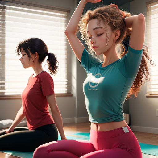 two women doing yoga in a room with windows and blinds on the windowsills, one of them stretching