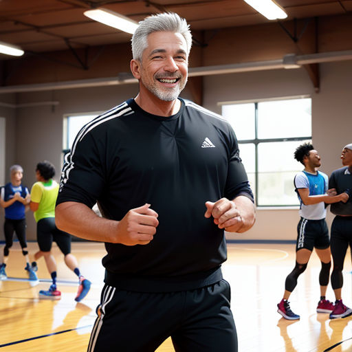a man in a gym with other people in the background smiling and stretching up his muscles with his hands