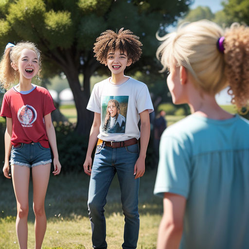 a group of young children standing next to each other on a field of grass and grass covered ground with trees in the background