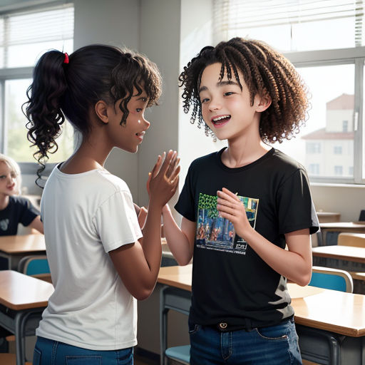 two children standing in a classroom with their hands together and clapping to each other with their hands together,