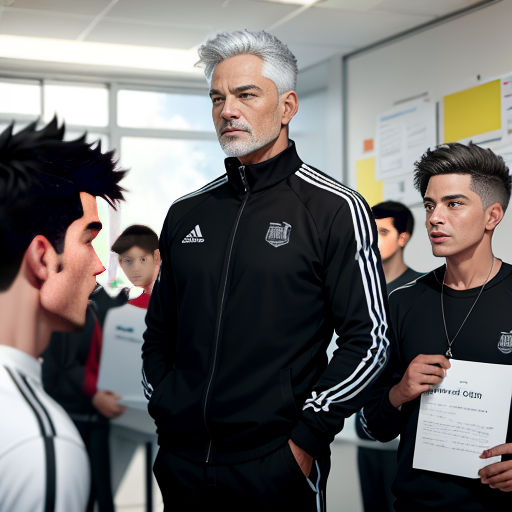 a man in a black jacket talking to a group of people in a room with a window and a sign