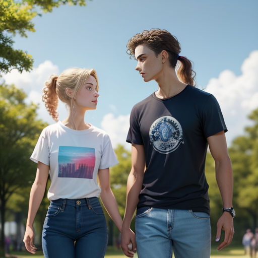 a man and a woman walking in a park together holding hands and looking at each other with a sky background