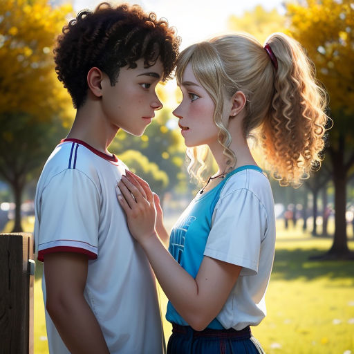 a young man and woman standing next to each other in a park with trees in the background and grass in the foreground