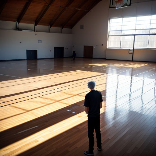 a man standing in a gym looking at a basketball hoop with a basketball hoop hanging from the ceiling and a basketball hoop hanging from the ceiling