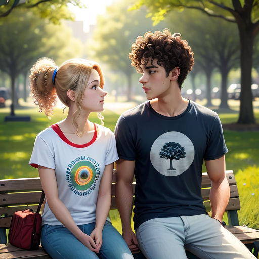 a man and a woman sitting on a bench in a park looking at each other and smiling at each other