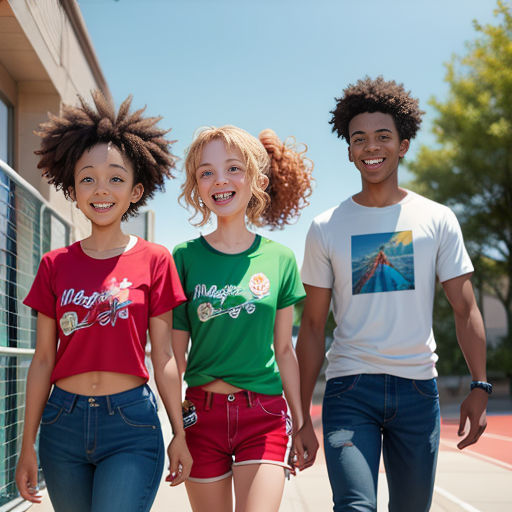 three young people walking down a sidewalk together, one of them is wearing a t - shirt and the other is wearing a pair of shorts