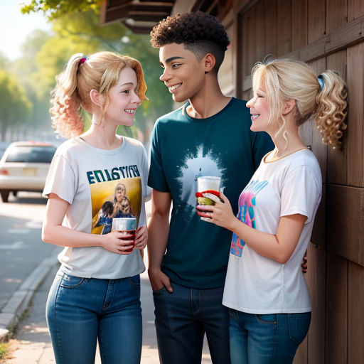 three young people standing next to a wooden wall holding drinks and a soda cup in their hands and smiling