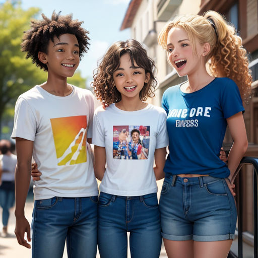 three young girls standing next to each other on a sidewalk with a building in the background and a person standing next to them
