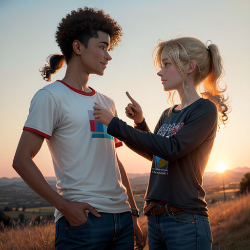 a man and a woman standing in a field at sunset with the sun setting behind them and the sky in the background
