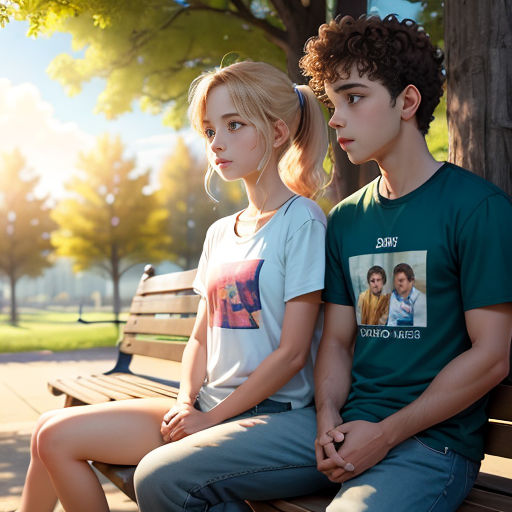 a couple of people sitting on a bench in a park together, one of them is looking at the camera