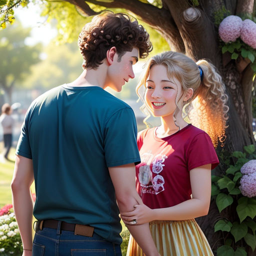 a man and a woman standing next to each other near a tree and flowers on a sunny day with a man looking at the woman