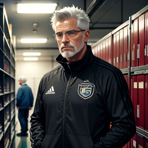 a man standing in a library with a white beard and glasses on his face and a black jacket on