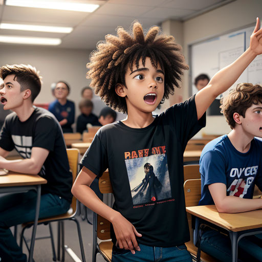 a group of young boys sitting in a classroom with their hands up in the air and one boy with dreadlocks on his head