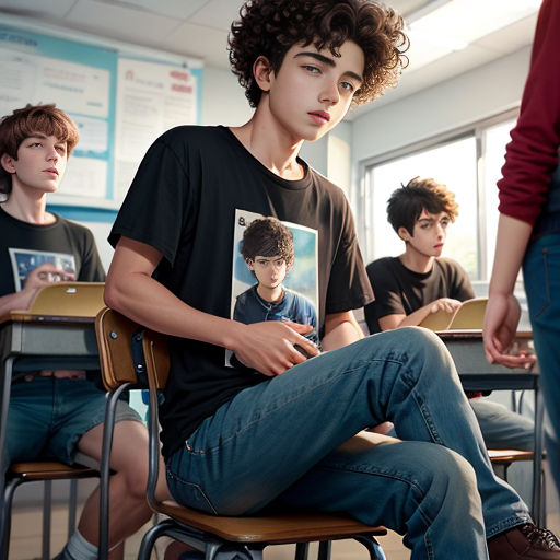 a group of young men sitting in a classroom together with a poster of a boy on his shirt and a book