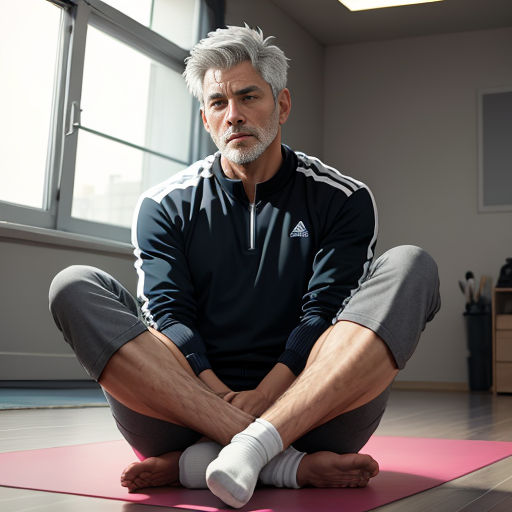 a man sitting on a yoga mat with his legs crossed and his feet crossed in the air, with a window in the background