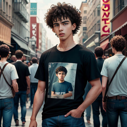 a man standing in the middle of a crowded street with a picture of him on his t - shirt