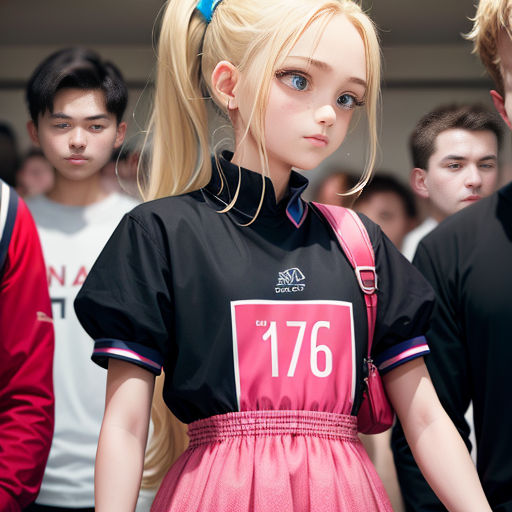 a girl in a dress with a ponytail and a ponytail is standing in front of a group of people