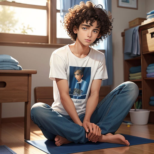 a young man sitting on a yoga mat in a room with a window and a dresser in the background