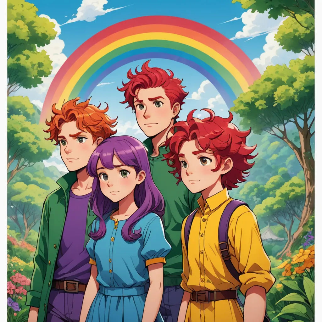a group of people standing in front of a rainbow and trees with a rainbow in the background and a rainbow in the sky, remodernism, a poster, Cedric Seaut (Keos Masons), official art