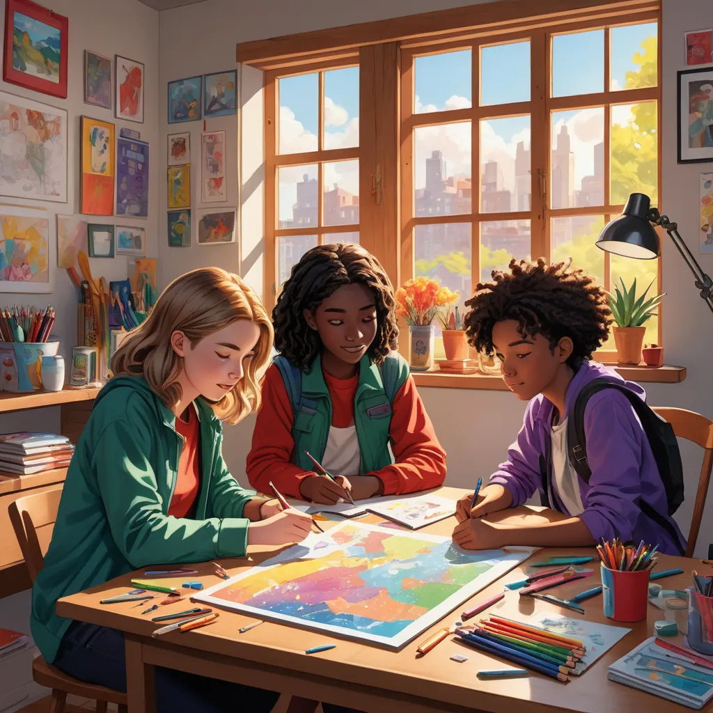 three children sitting at a table with a map and pencils in front of them, and a window, american scene painting, a storybook illustration, Aaron Jasinski, official art