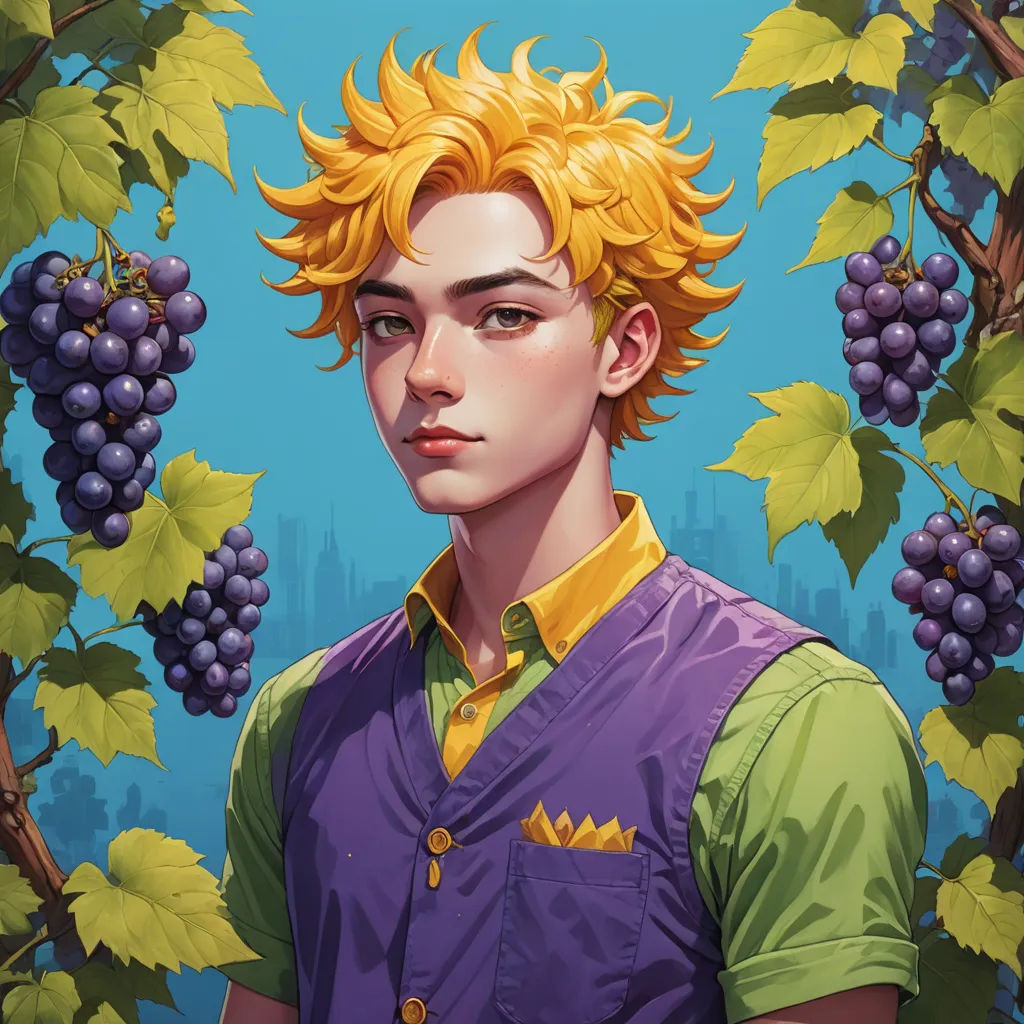 a painting of a young man with yellow hair and a purple shirt and green shirt and a bunch of grapes, sots art, a character portrait, Adam Manyoki, official art