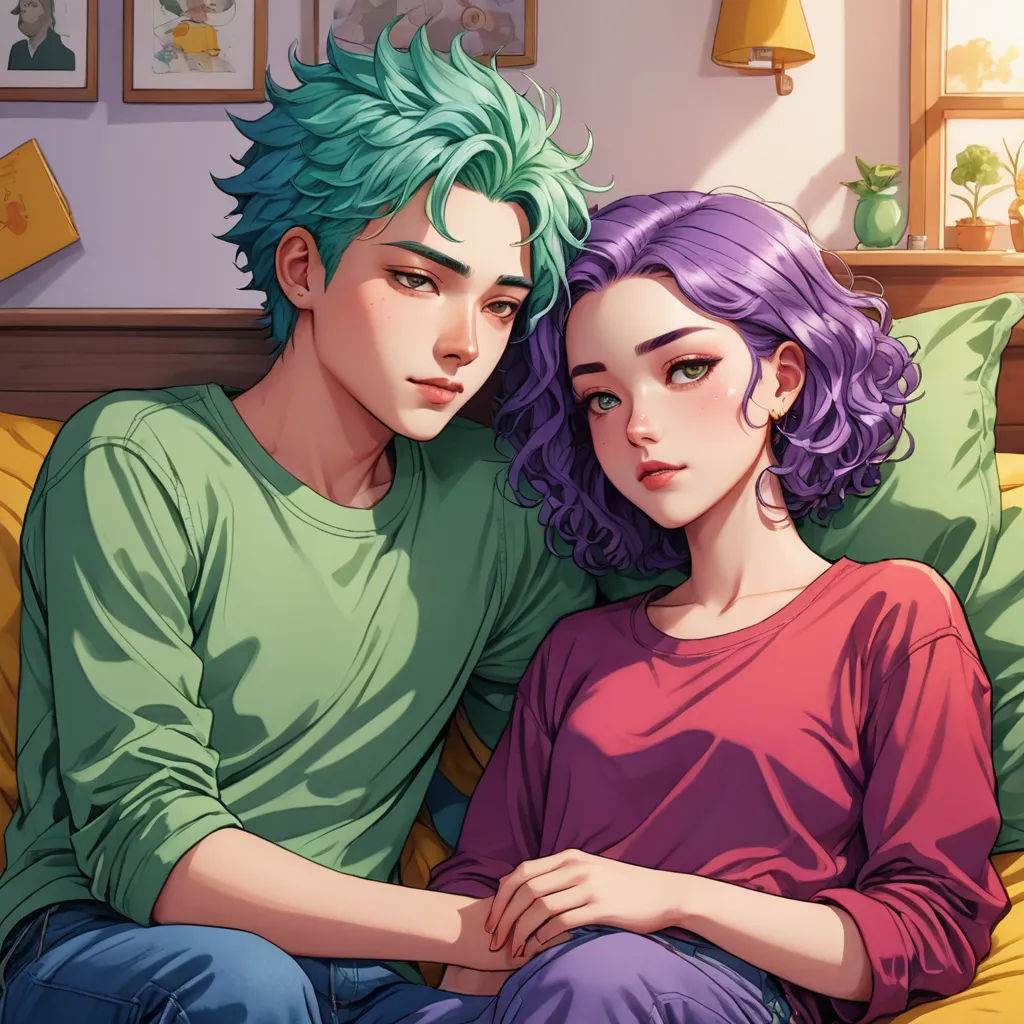 a couple of people sitting on a bed together with a green hair and blue eyes and a pink shirt, romanticism, a stock photo, Cyril Rolando, rossdraws global illumination