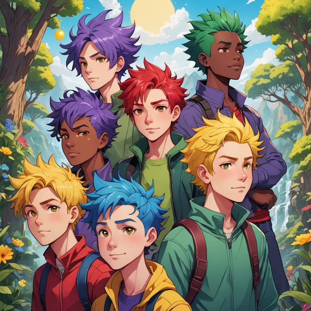 a group of young men standing in front of a forest with trees and flowers on it, with the sun shining through the clouds, sots art, a screenshot, Cedric Seaut (Keos Masons), official art
