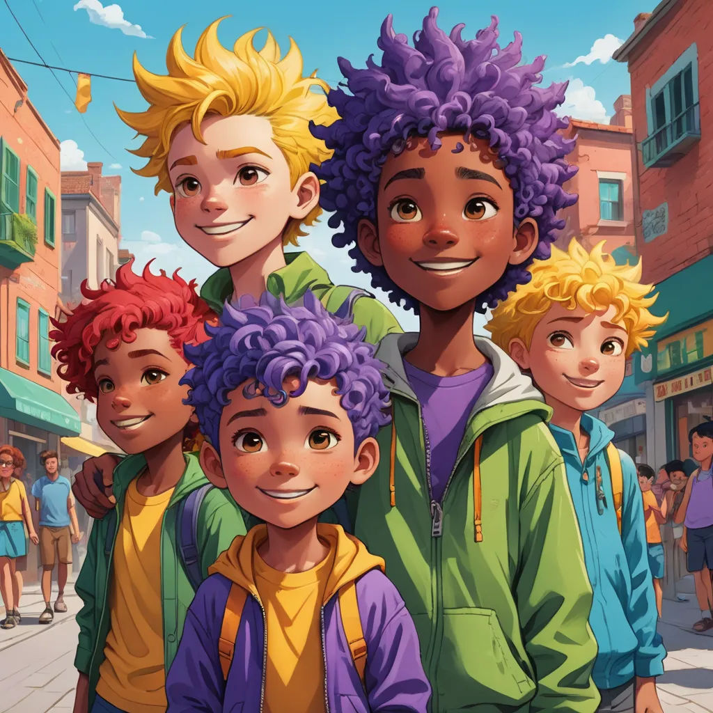 a group of children standing next to each other on a street corner with buildings in the background and a sky background, lyco art, concept art, Cedric Seaut (Keos Masons), official art