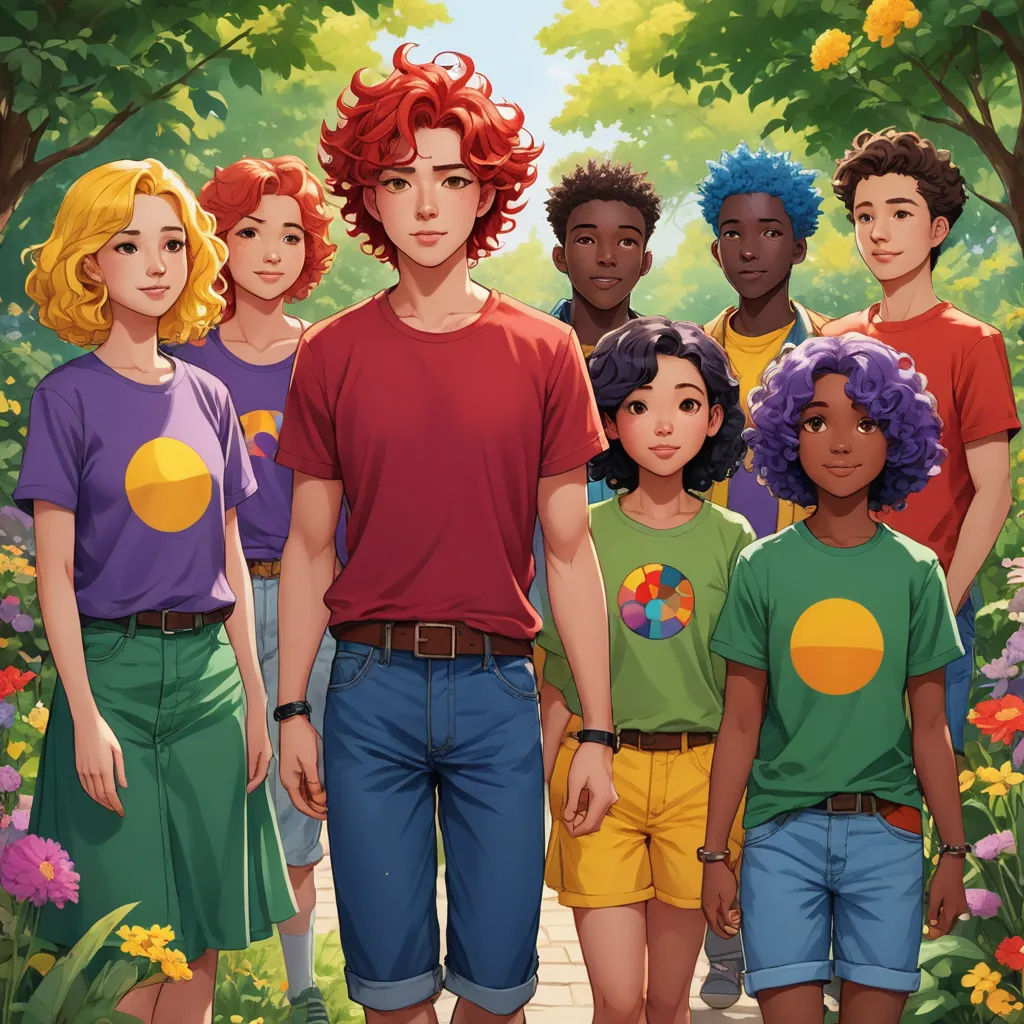 a group of children standing in a park with trees and flowers in the background, all wearing tshirts, rayonism, an album cover, Cedric Seaut (Keos Masons), official art