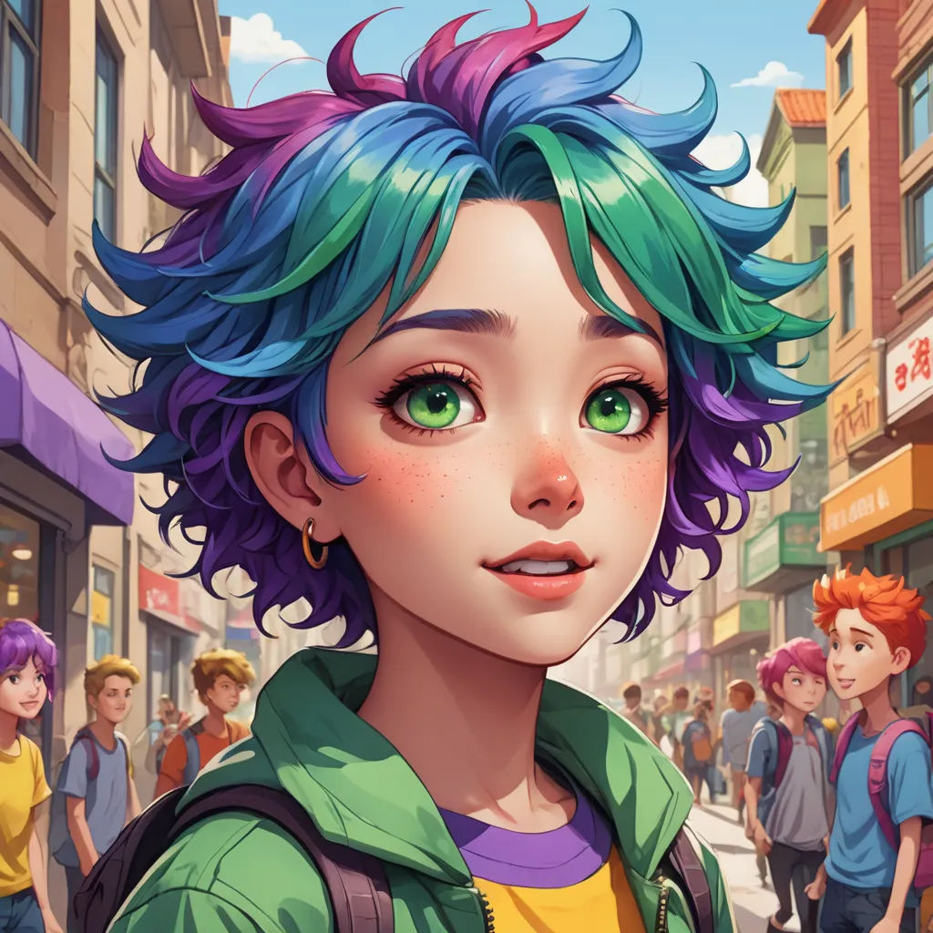 a cartoon girl with blue and green hair and green eyes standing in front of a crowd of people on a city street, fantasy art, a character portrait, Constance Gordon-Cumming, trending on art station