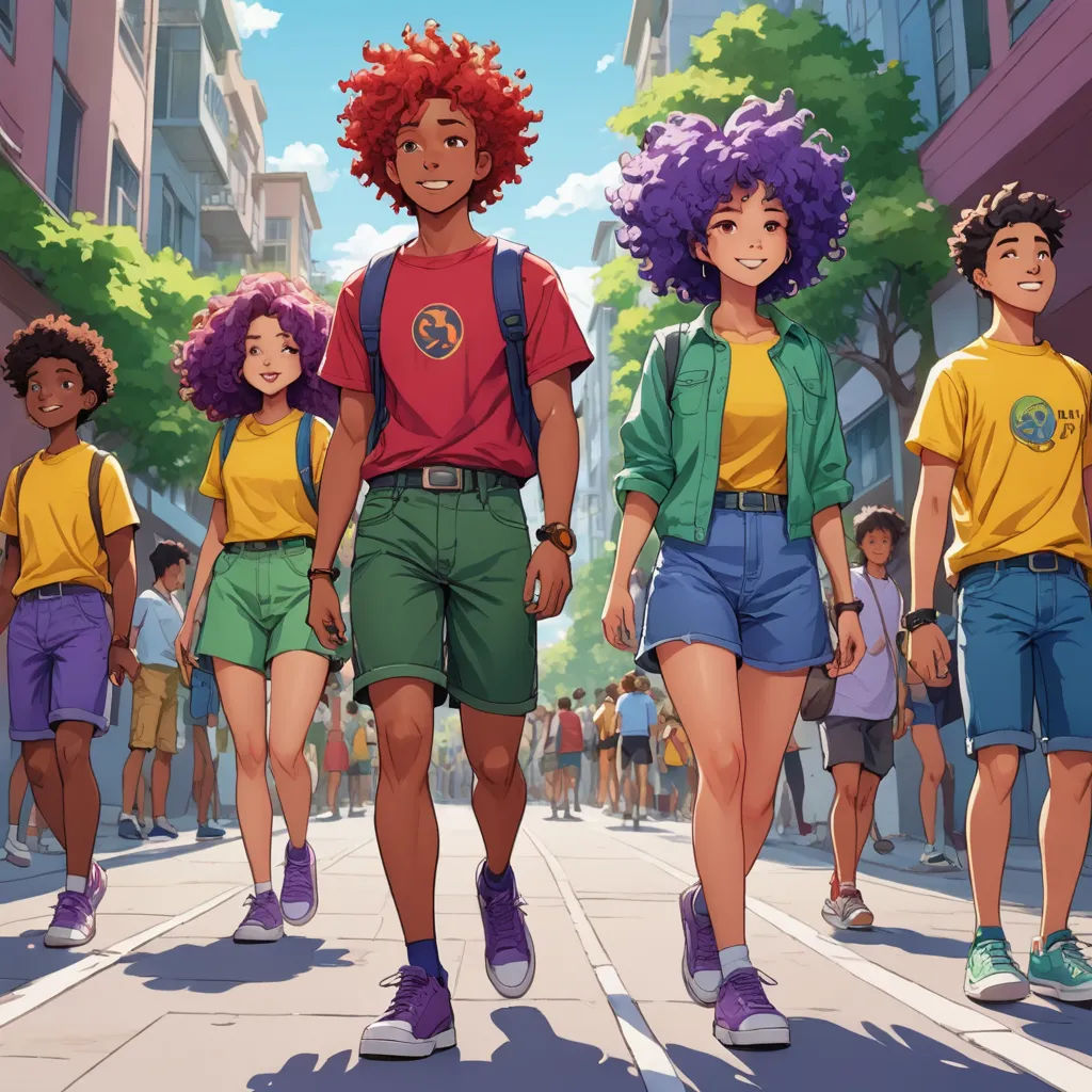 a group of people walking down a street next to each other on a sunny day with buildings in the background, afrofuturism, concept art, Cedric Seaut (Keos Masons), rossdraws global illumination