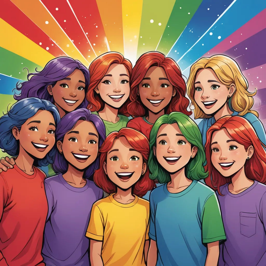 a group of people standing next to each other in front of a rainbow background with stars and a star burst, synchromism, a stock photo, Andries Stock, comic cover art