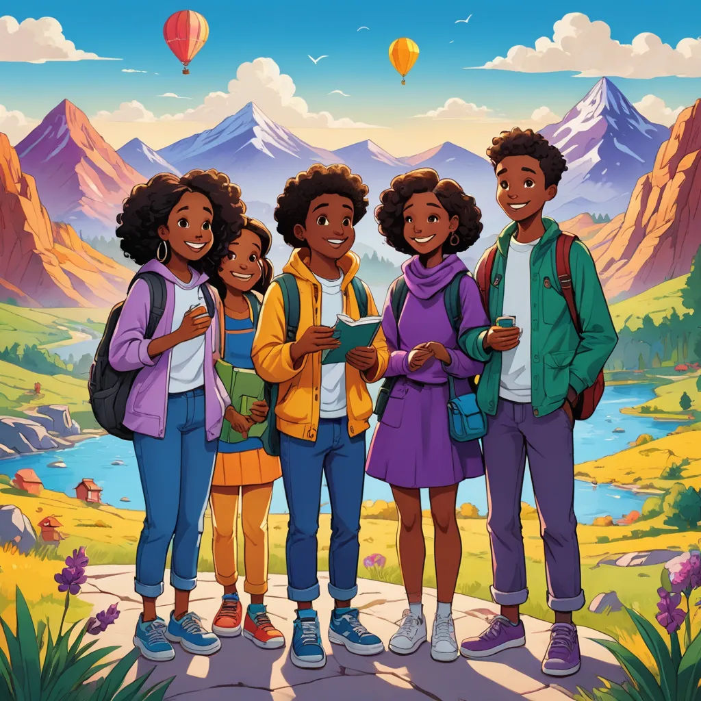 a group of young people standing next to each other in front of a mountain range with a lake and hot air balloon, process art, a storybook illustration, Ada Hill Walker, official art