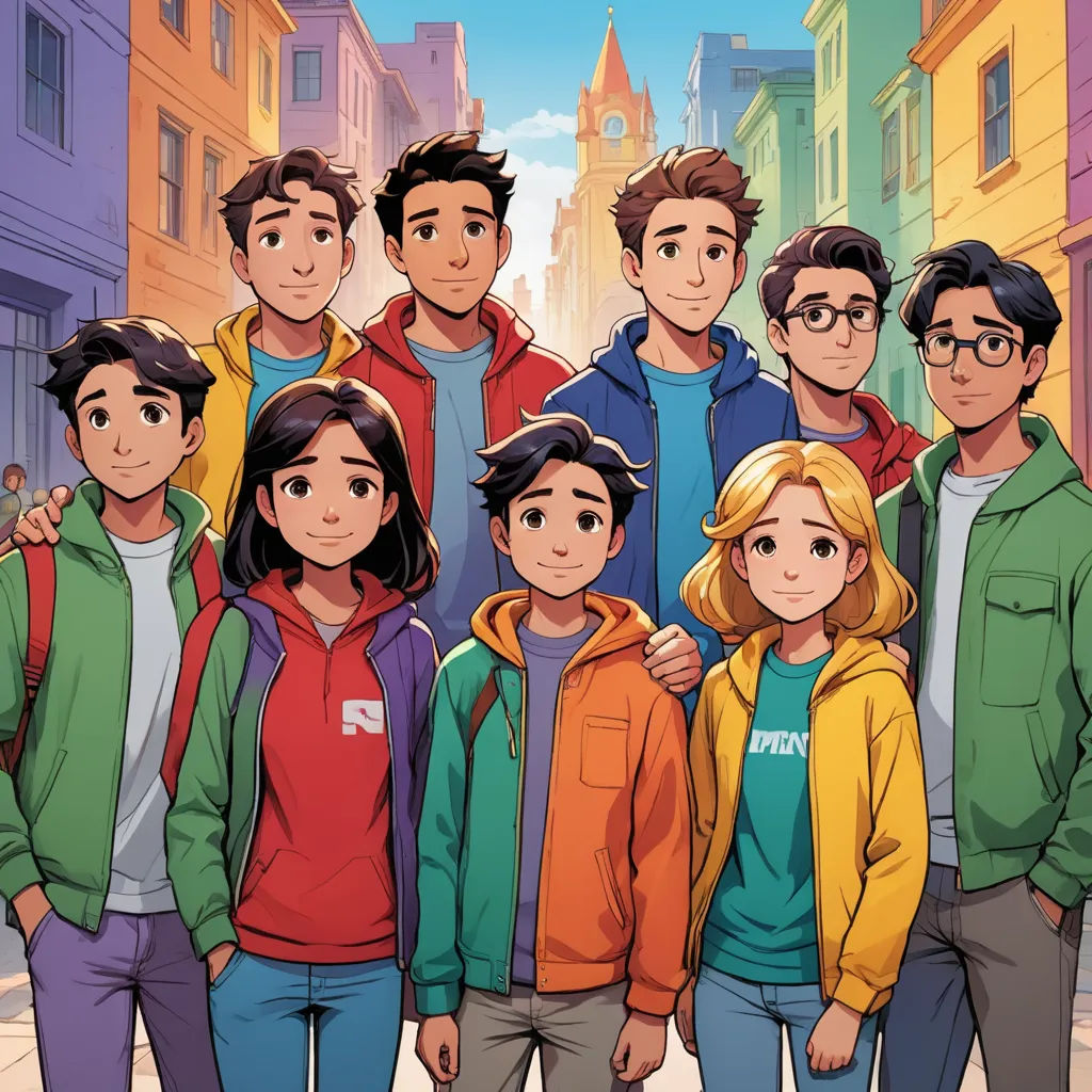 a group of people standing in front of a building with a clock tower in the background and a cartoon of them, sots art, a poster, David Park, official art