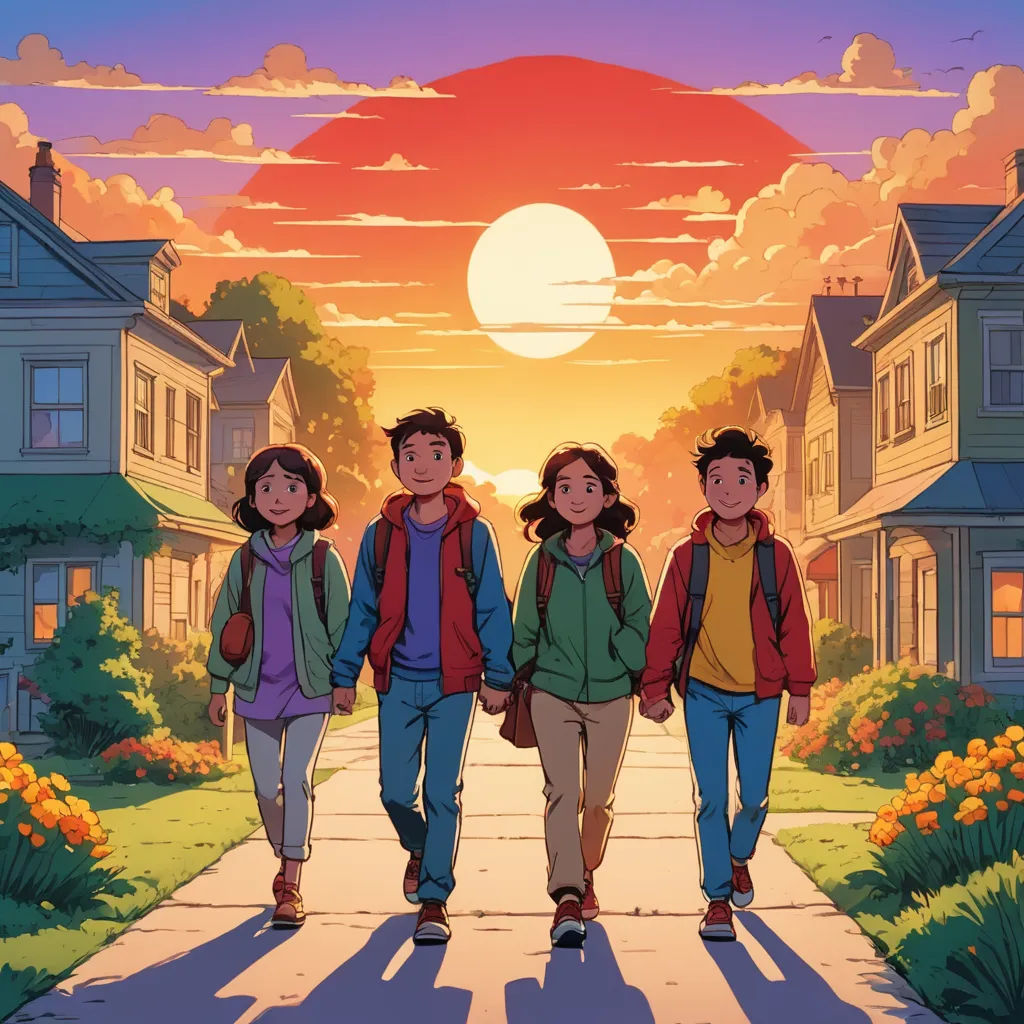a group of people walking down a street in front of a sunset with houses and trees on the other side, process art, poster art, Akira Toriyama, ghibli