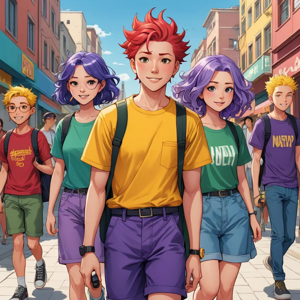 a group of people walking down a street next to each other on a sunny day with buildings in the background, rayonism, a manga drawing, Adam Manyoki, rossdraws global illumination