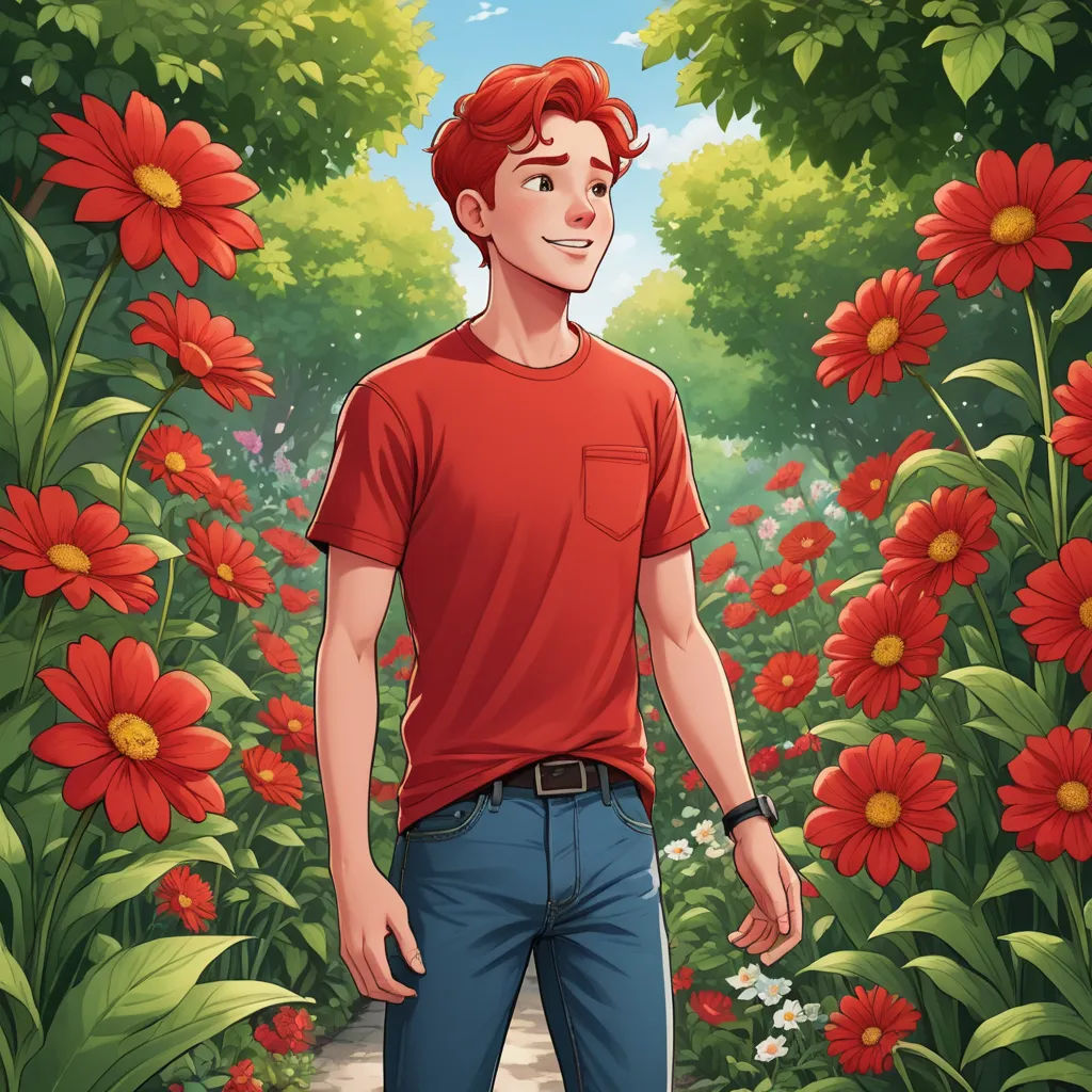 a man standing in a field of flowers with a red shirt on and a red shirt on his chest, sots art, a character portrait, Cedric Seaut (Keos Masons), character portrait