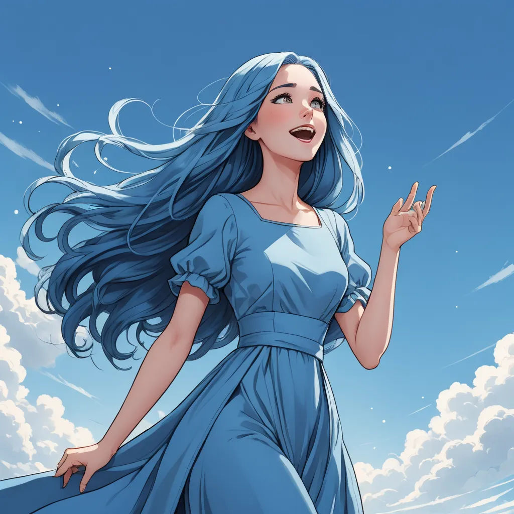 a woman with long blue hair is standing in the sky with her hands out and a hand in her other hand, fantasy art, a storybook illustration, Cyril Rolando, rossdraws global illumination