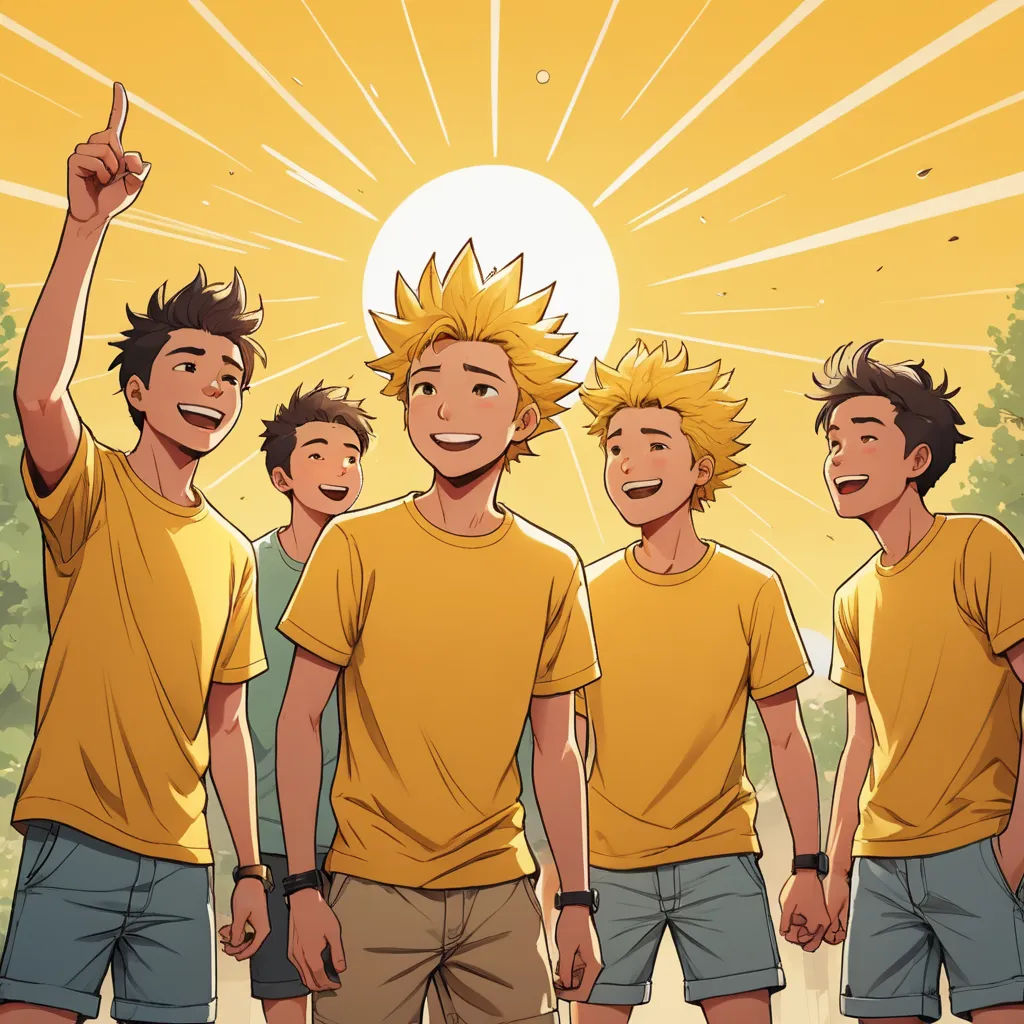 a group of young men standing next to each other in front of a sun burst background with trees and a sky, rayonism, a comic book panel, Adam Manyoki, official art