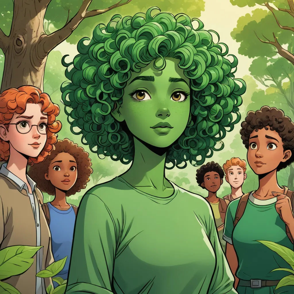 a group of people standing in a forest with green hair and glasses on their faces, and one woman with curly hair, afrofuturism, a comic book panel, Art Green, comic cover art