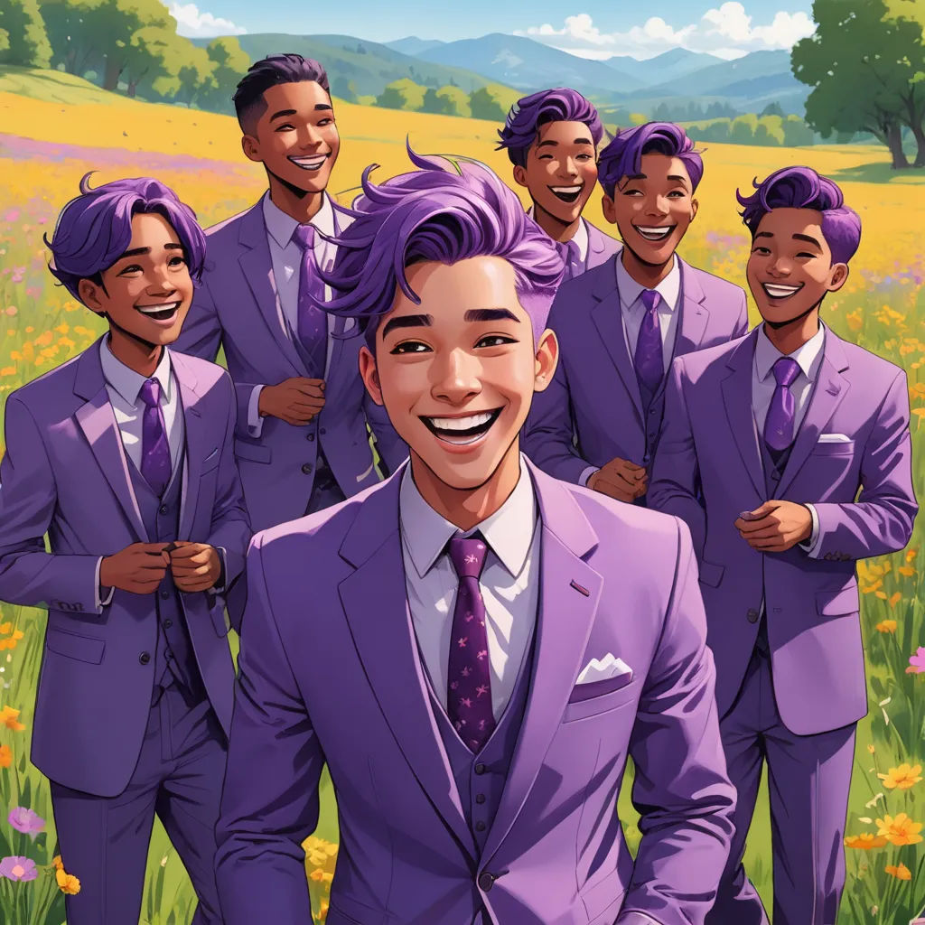 a group of men in purple suits standing in a field of flowers and grass with trees in the background, harlem renaissance, a comic book panel, Conroy Maddox, official art