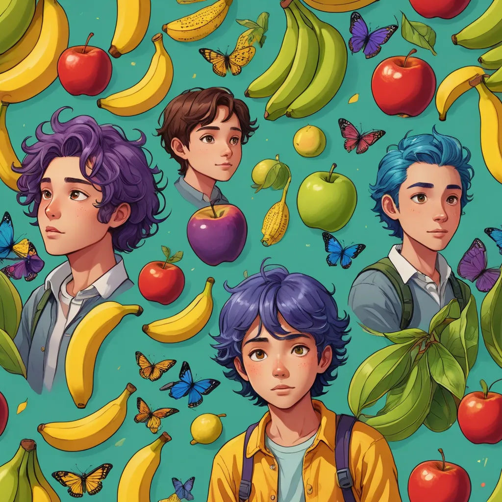 a group of people surrounded by fruit and butterflies on a blue background with a green background and a blue background with a yellow and red apple, serial art, a storybook illustration, Diego Gisbert Llorens, trending on art station