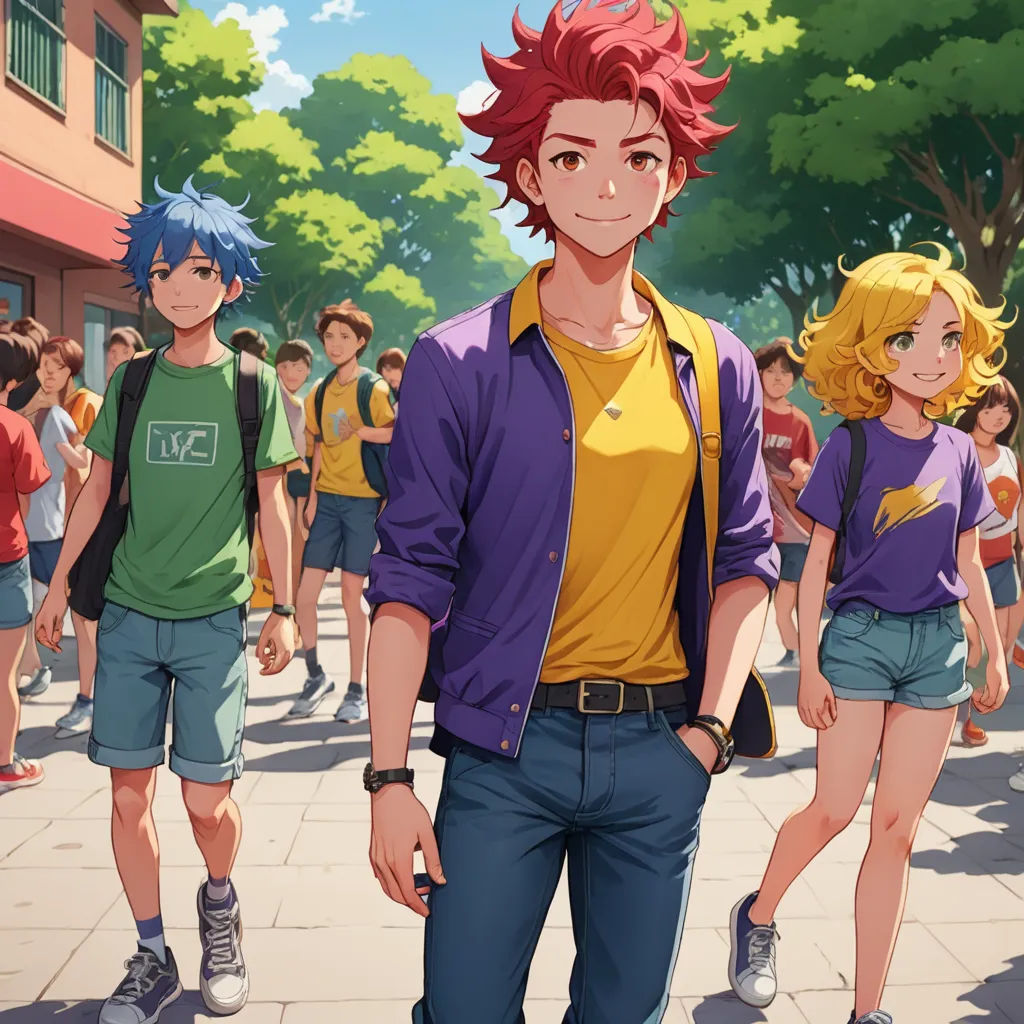 a man standing in front of a group of people on a street with a backpack on his shoulder and a backpack on his shoulder, rayonism, concept art, Cedric Seaut (Keos Masons), official art