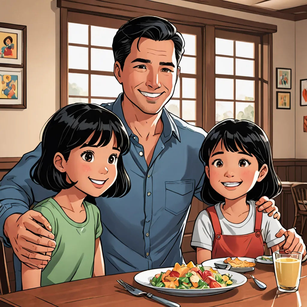 a man and two children are sitting at a table with a plate of food in front of them and a glass of orange juice, american scene painting, a storybook illustration, David Park, comic cover art